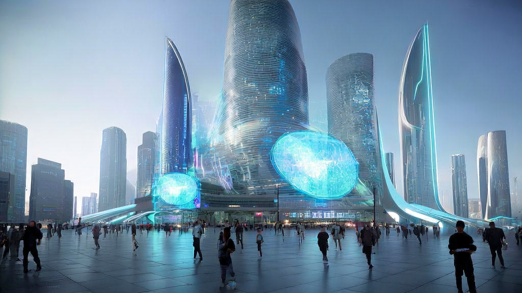 未来城市的3D广告投放场景，行人与虚拟广告互动，AI系统实时生成个性化广告内容