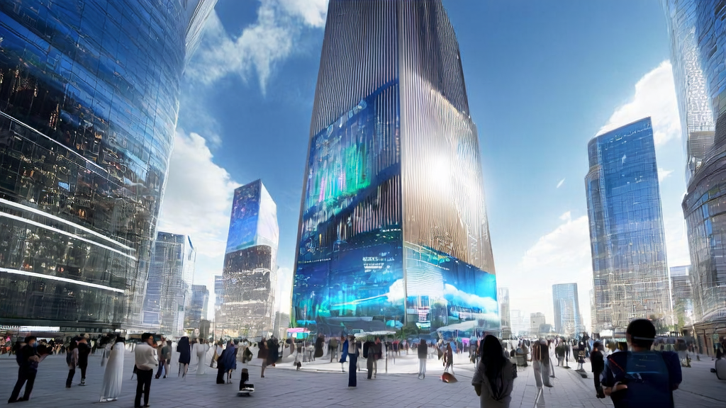 在城市中心的巨大显示屏上，AI算法实时生成个性化广告内容，旁边播放着由微软VibeVoice-Realtime-0.5B模型生成的语音广告。