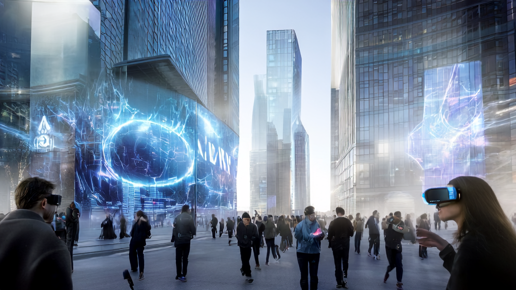 A futuristic city street where smart billboards interact with pedestrians, showcasing the revolutionary changes in AI-optimized advertising