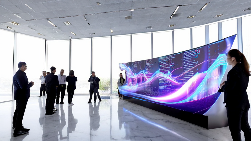 Office employees studying an AI-optimized advertising system with the Salesforce logo in the background