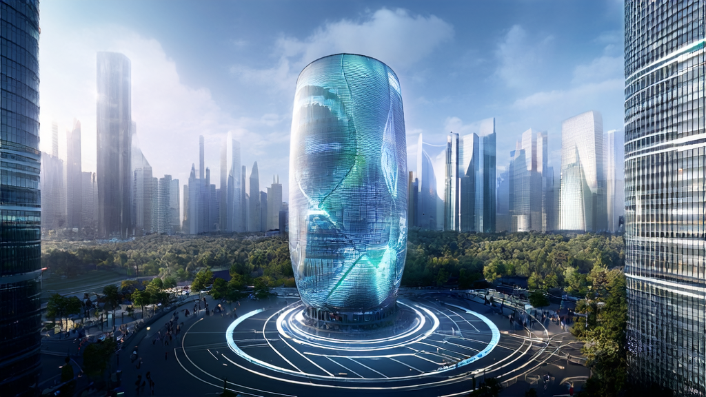 Smart advertising tower in a futuristic city using AI and SAM 3D technology to generate dynamic 3D ads