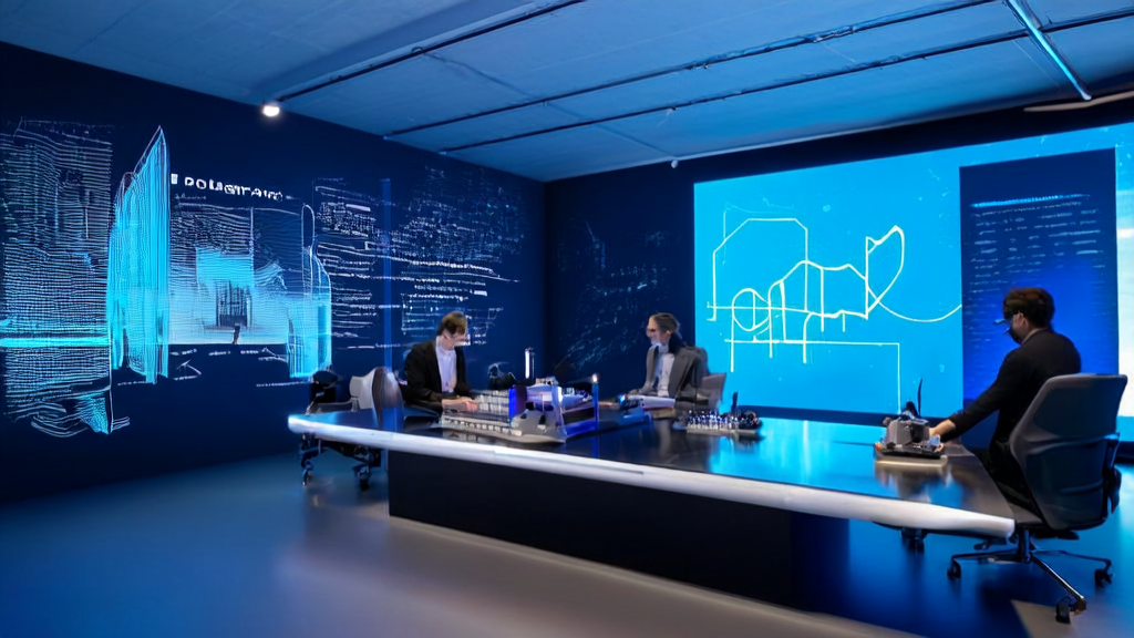 在充满科技感的办公室中，团队使用StepFun Audio EditX进行AI优化广告投放，实现精准触达目标人群并降低CPA。