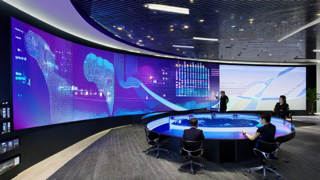 现代化办公室内，员工通过AI技术优化广告投放，屏幕上显示目标用户分布和生成式AI用户增长数据。