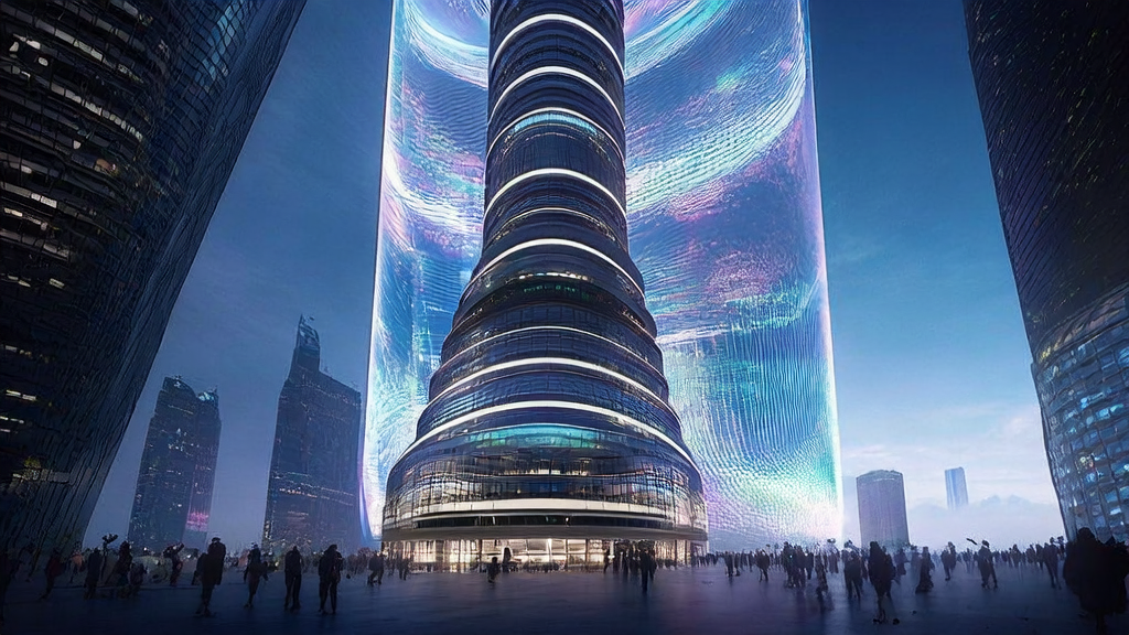 A futuristic city scene showcasing AI-optimized advertising, featuring smart drones and dynamic ad screens that deliver personalized ads through data analysis.