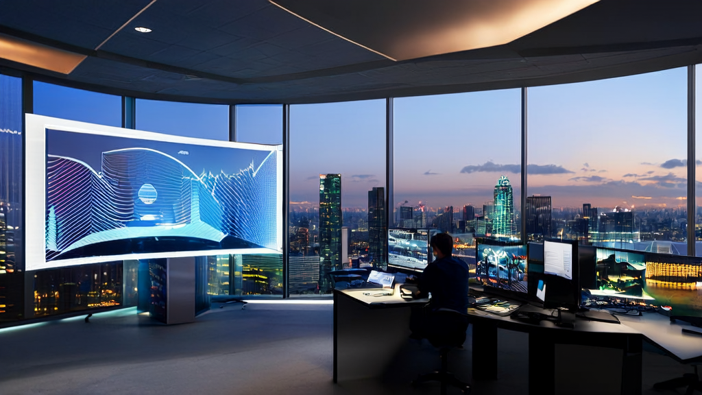 Engineers in a modern office using AI technology to optimize advertising strategies, monitoring and adjusting ad performance in real-time to reduce cost per acquisition (CPA).