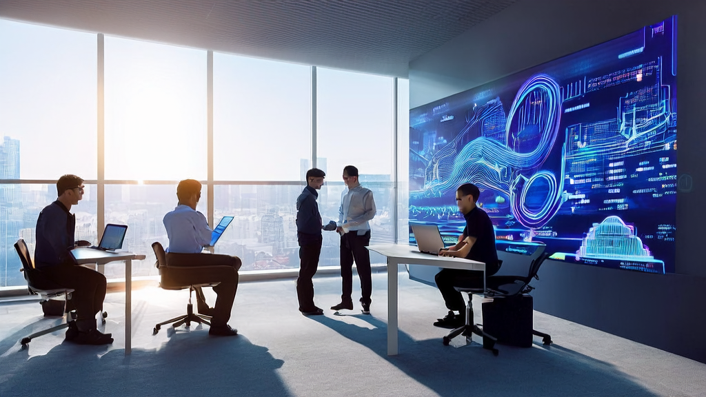 现代化办公室内工作人员利用AI技术优化广告投放策略，墙上挂着未来城市的广告海报，桌上放着显示复杂算法代码的笔记本电脑。