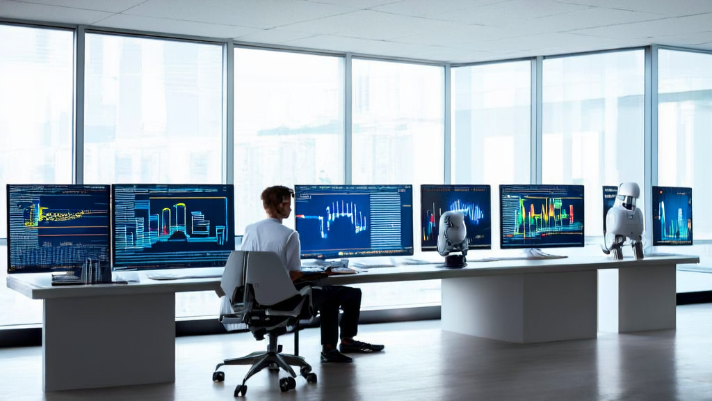 现代化办公室中，年轻分析师利用AI技术优化广告投放策略，墙上展示着相关公式和算法