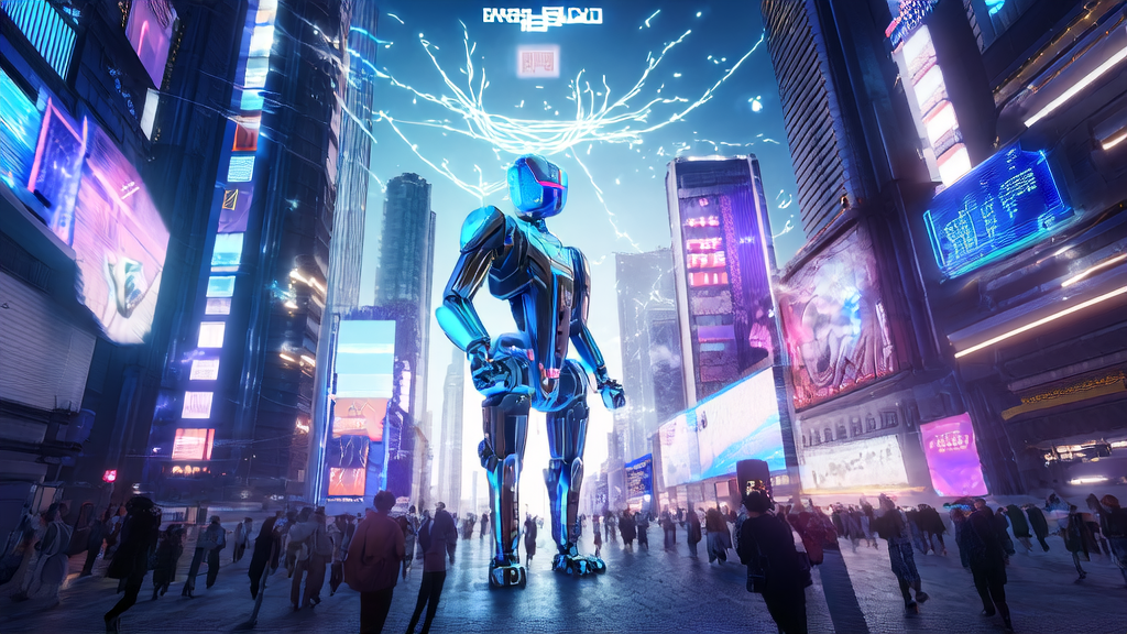 未来城市中AI机器人手持优化广告数据板，展示AI优化广告投放的技术和效果