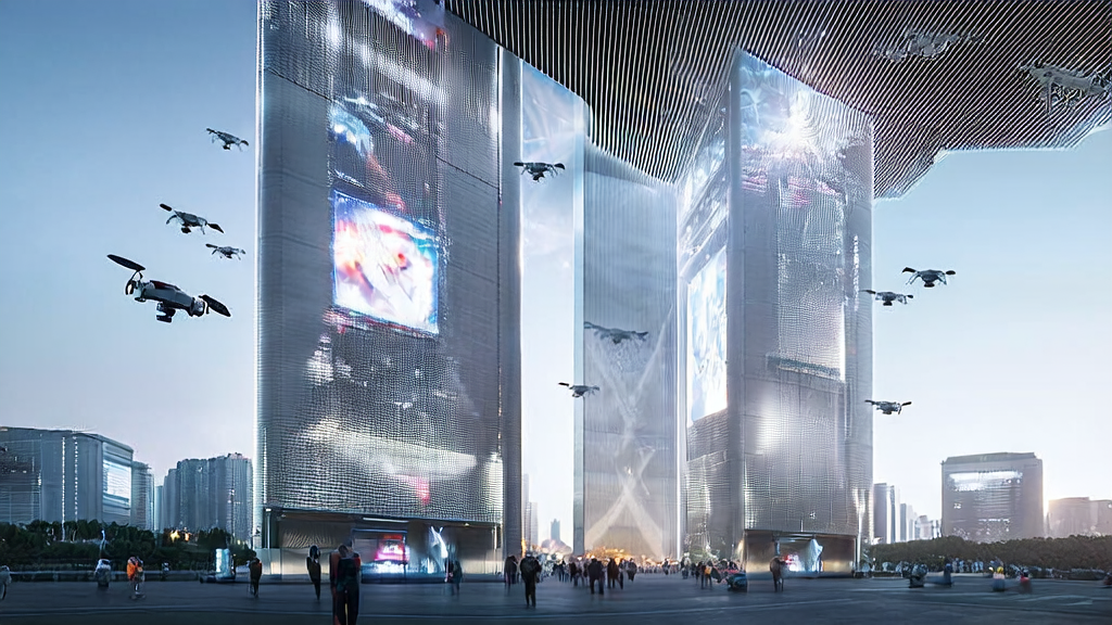 AI-optimized advertising control tower in a futuristic city, with robots and drones working together to precisely reach target audiences