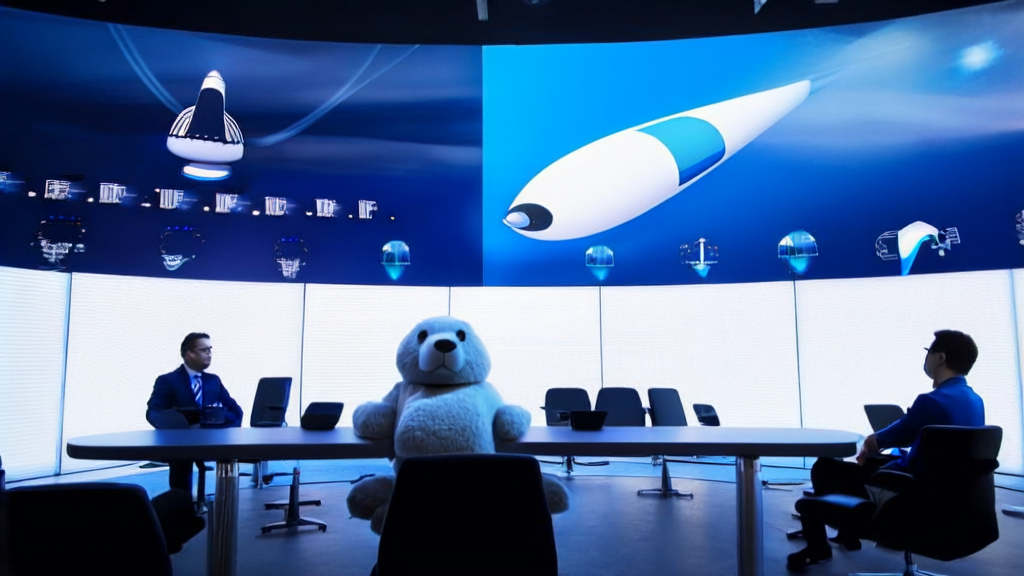 未来感会议室中团队讨论AI优化广告投放策略，背景是SpaceX火箭发射成功案例