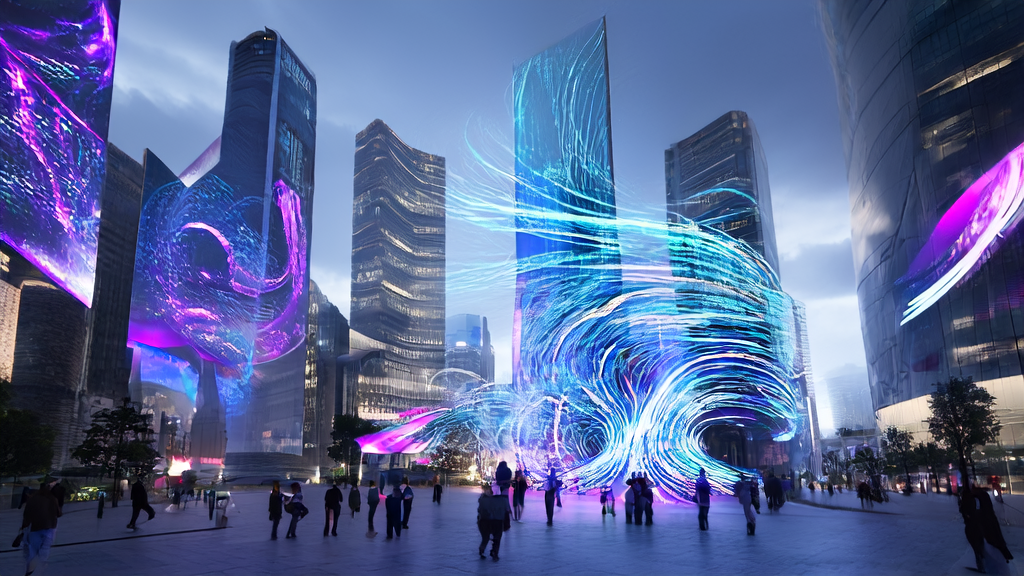 AI-optimized advertising in a futuristic city: Smart billboards adjust content in real-time based on pedestrians, showcasing data-driven marketing power.