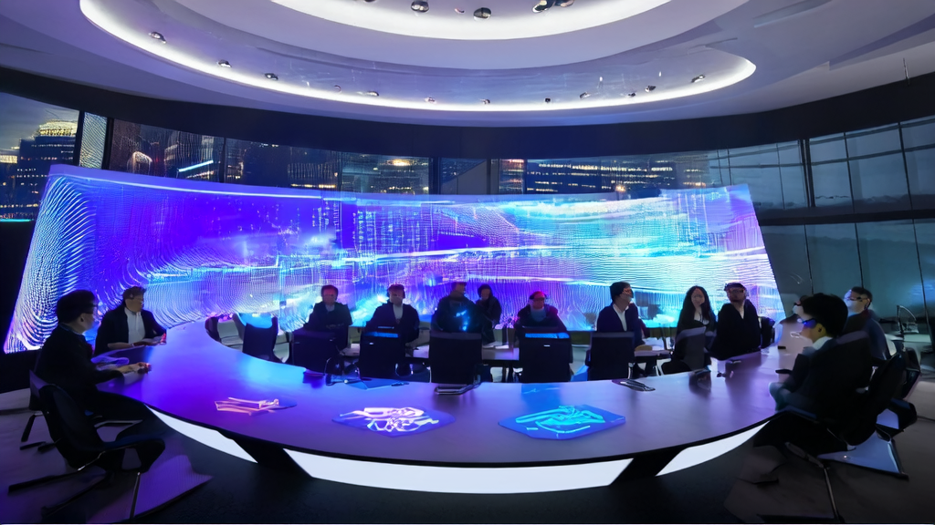 会议室中的工程师们正在讨论AI优化广告投放策略,屏幕上显示着目标人群数据和广告投放路径。