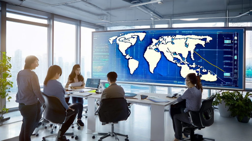 Scene of a modern office where a team is using AI technology to optimize advertising strategies