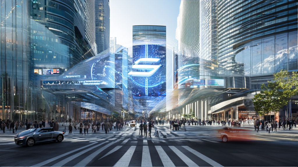 未来城市的智能广告屏幕通过AI技术精准触达目标人群并优化广告投放成本