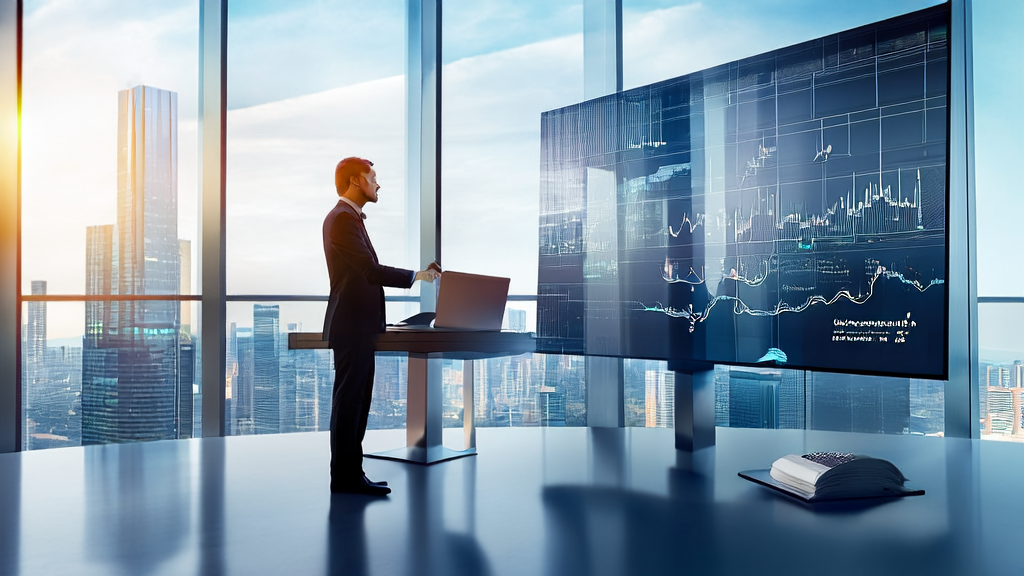 一位商务人士在现代化办公室中展示AI优化广告投放策略，背景是城市天际线。