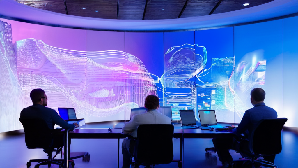 Data scientists in a modern office with sunlight are discussing AI-optimized advertising strategies, with user behavior analysis displayed on the wall.