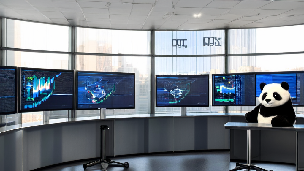 A modern office showcasing AI-optimized advertising strategies, with sunlight streaming through large windows, a Musk victory headline on the wall, and a felt panda wearing a wide-brimmed hat on the desk.