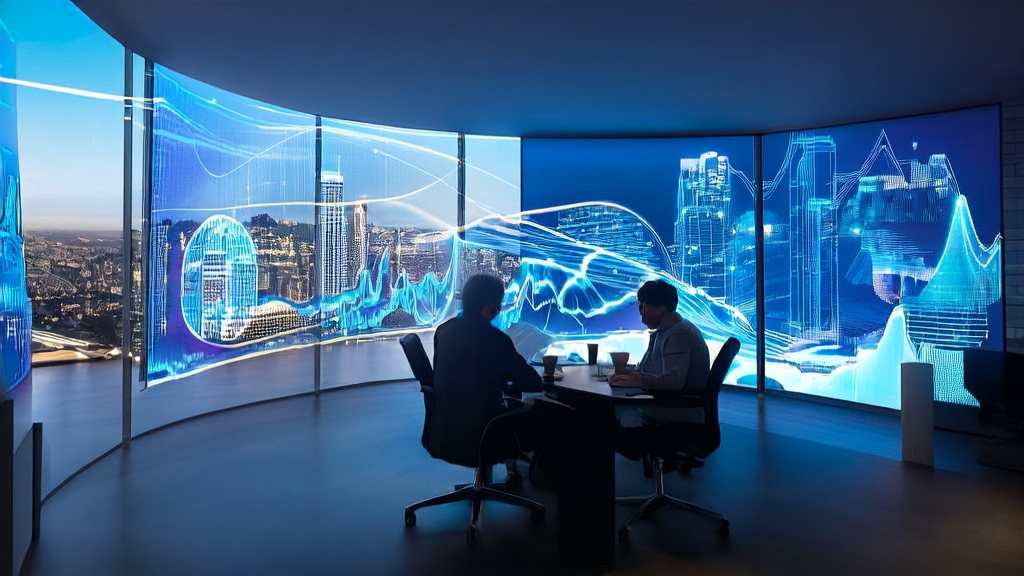 数据分析师在现代化办公室中利用AI技术优化广告投放,实现精准触达目标人群并降低CPA。