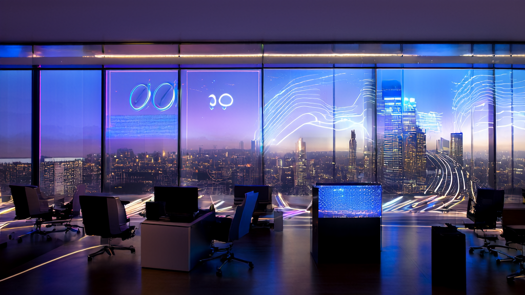 In the central square of a futuristic city, a large transparent sphere displays complex AI model operations, with an electronic screen showing advertising data and optimization results.