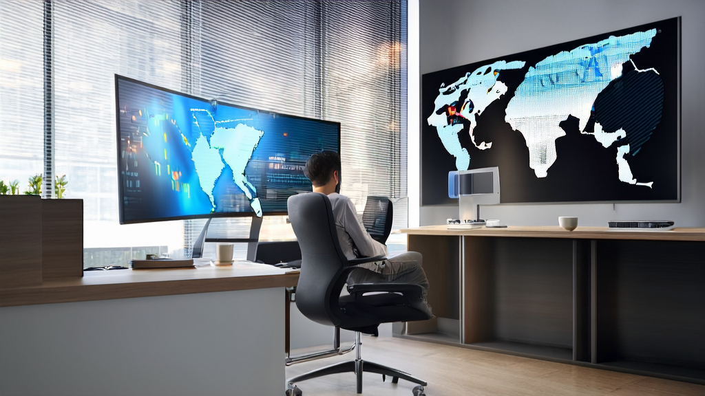 一位营销经理在现代化办公室中使用AI工具Pomelli进行广告投放分析