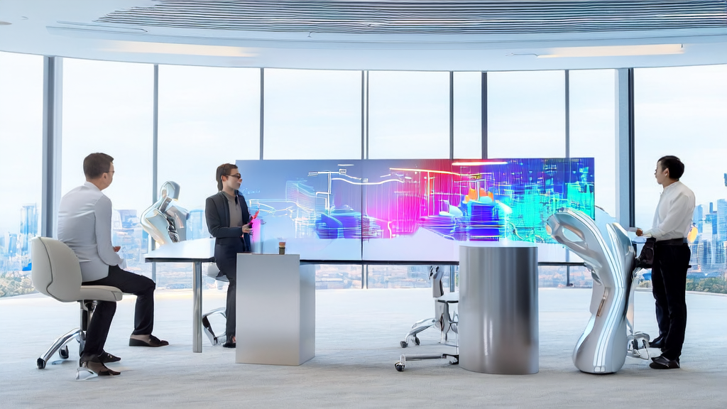 A team in a modern office discussing AI-optimized advertising strategies, with a large AI robot model and cityscape in the background