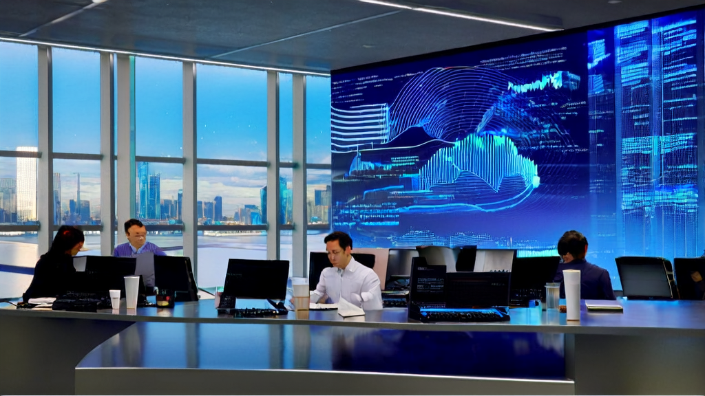 In a modern office, data analysts use AI technology to optimize advertising strategies, monitoring and adjusting in real-time with the city night view as the backdrop.