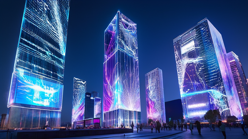 AI-optimized advertising strategy in a futuristic city, showcasing precise audience targeting and cost reduction.