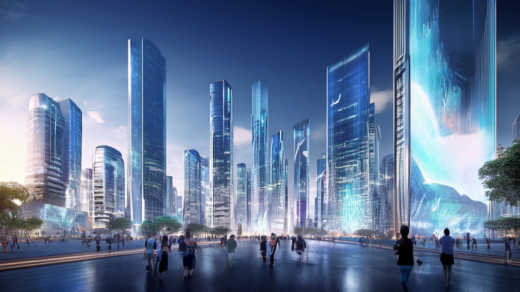 AI optimized advertising strategy in a futuristic city, showcasing smart billboards and control center, emphasizing precise targeting and risk management.