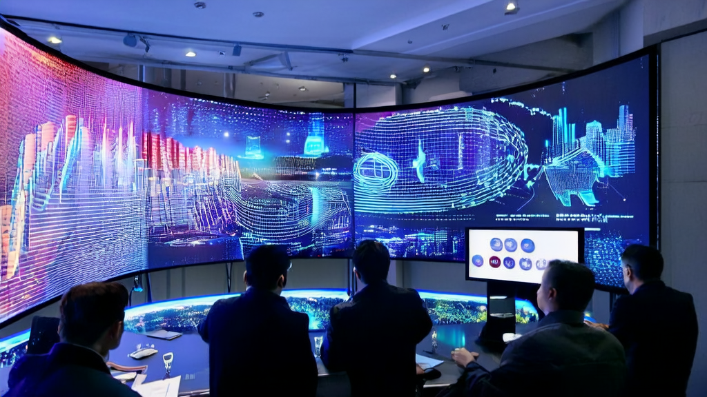 Analysts discussing AI-optimized advertising strategies in an office, with Ali's "Bailin" voice model displayed on the screen