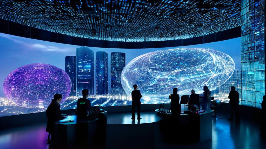 未来城市中的广告公司，工程师们正在探讨AI优化广告投放策略，以实现高效降低成本并提升转化率