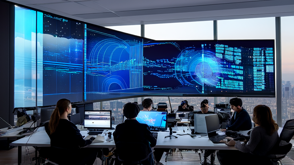 Team in a modern office using AI technology to optimize advertising strategies