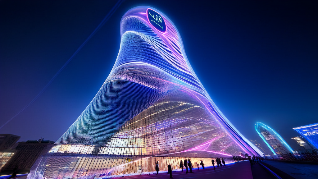 AI-optimized advertising system in a futuristic city, precisely targeting audiences and reducing CPA