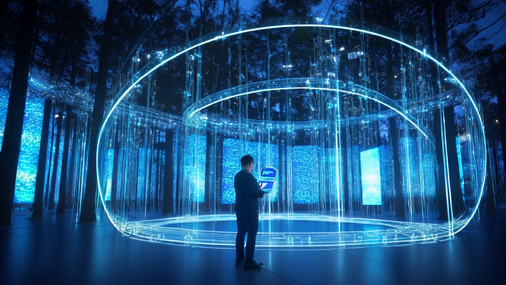 数字森林中的现代化控制中心，展示了AI技术如何优化广告投放策略，实现精准获客。