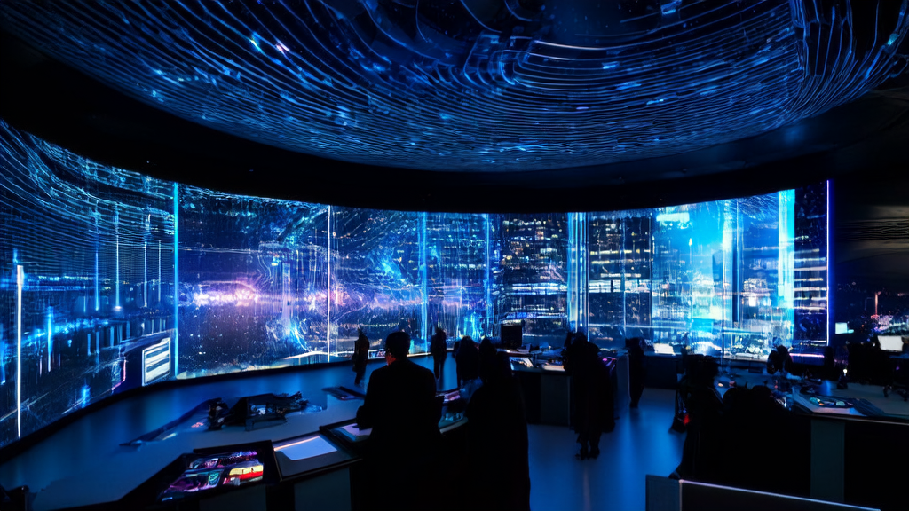 A futuristic city's advertising control center where technicians use AI technology to optimize ad targeting and cost efficiency.