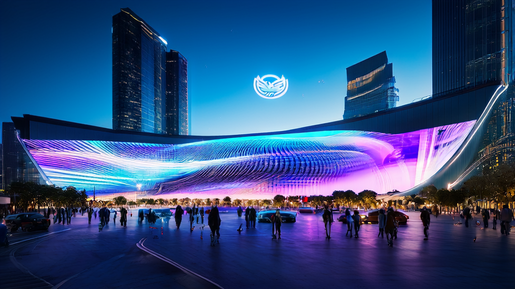 未来城市的数字广告屏幕展示AI生成的图像、视频和音乐，实现精准广告投放