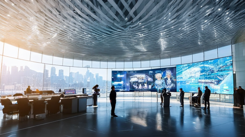 未来城市的广告公司大楼内,利用AI技术和谷歌NotebookLM生成多种艺术风格的广告视频,展示AI优化广告投放的过程。