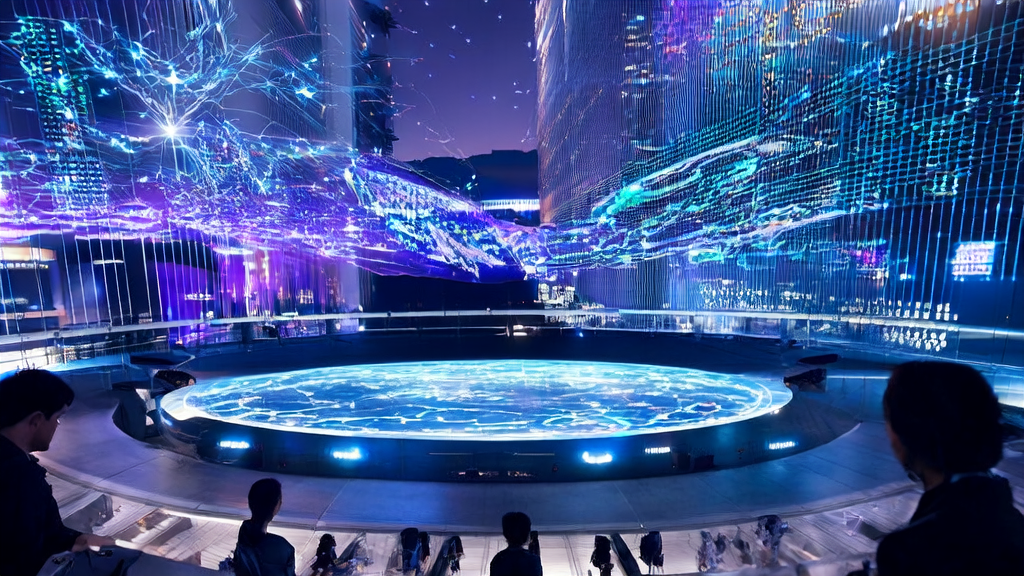 Control room for AI-optimized advertising in a futuristic city, with an engineer operating an advanced computer for precise ad targeting