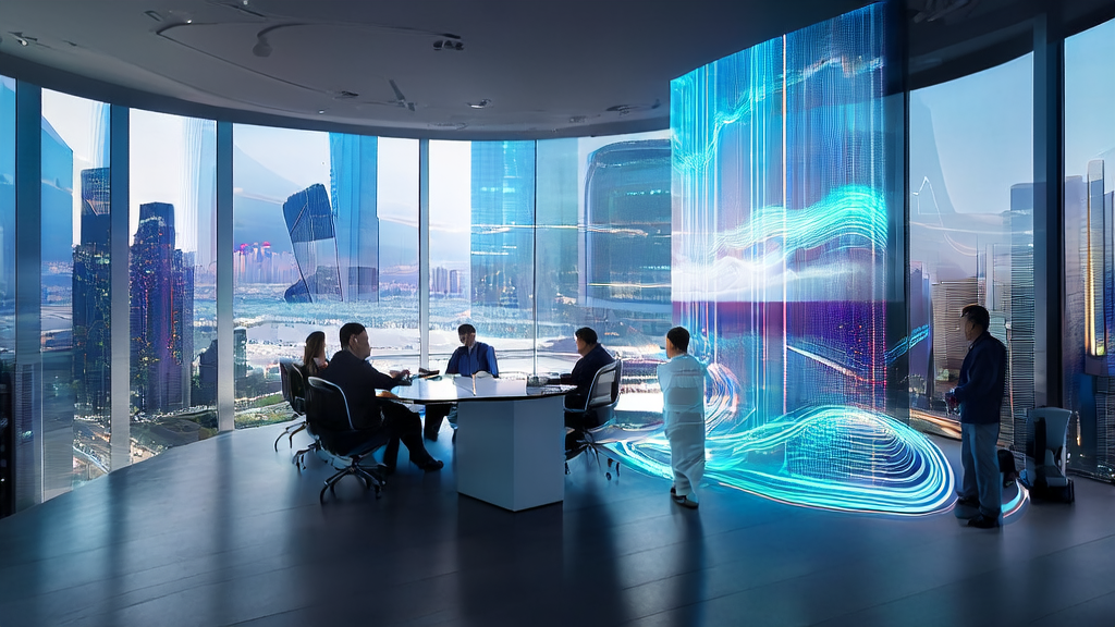 Data scientists and marketing experts in a conference room using AI to optimize advertising strategies, with a bustling cityscape outside the window.