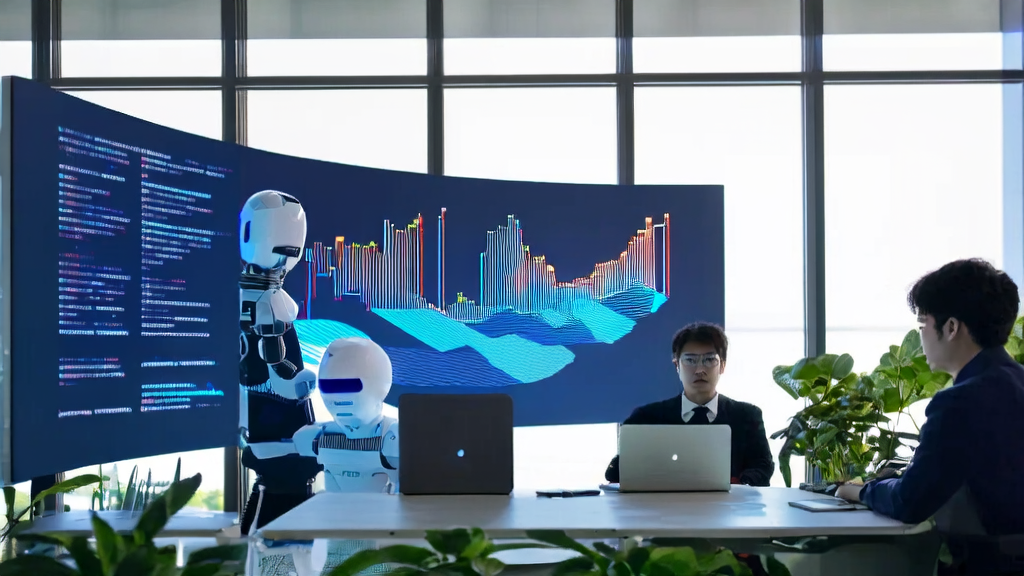 In a modern office, analysts are optimizing advertising strategies using AI technology, with sunlight streaming through the windows to enhance the vibrant working atmosphere.