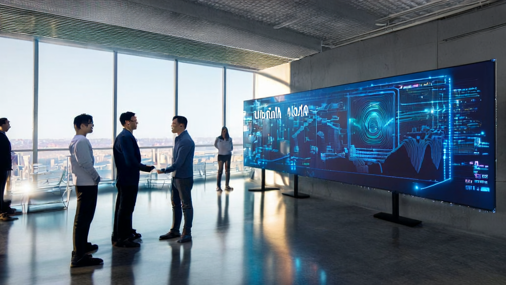 A team in a modern office is discussing AI-optimized advertising strategies with the 360 Full Stack Intelligence Platform logo and sunlight streaming through large windows.