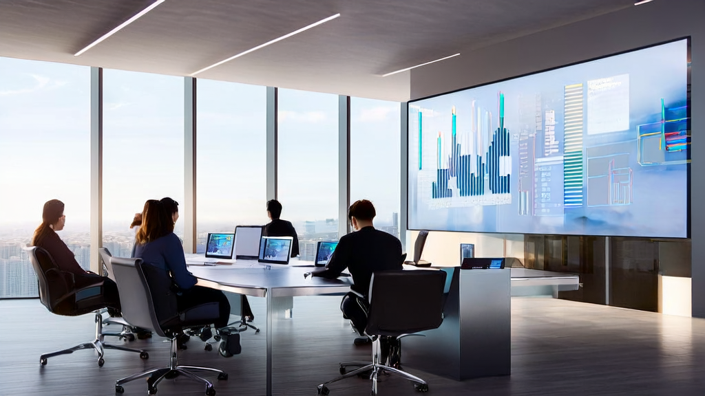 员工在办公室讨论AI优化广告投放策略，使用Snowflake和Anthropic的技术进行数据分析。