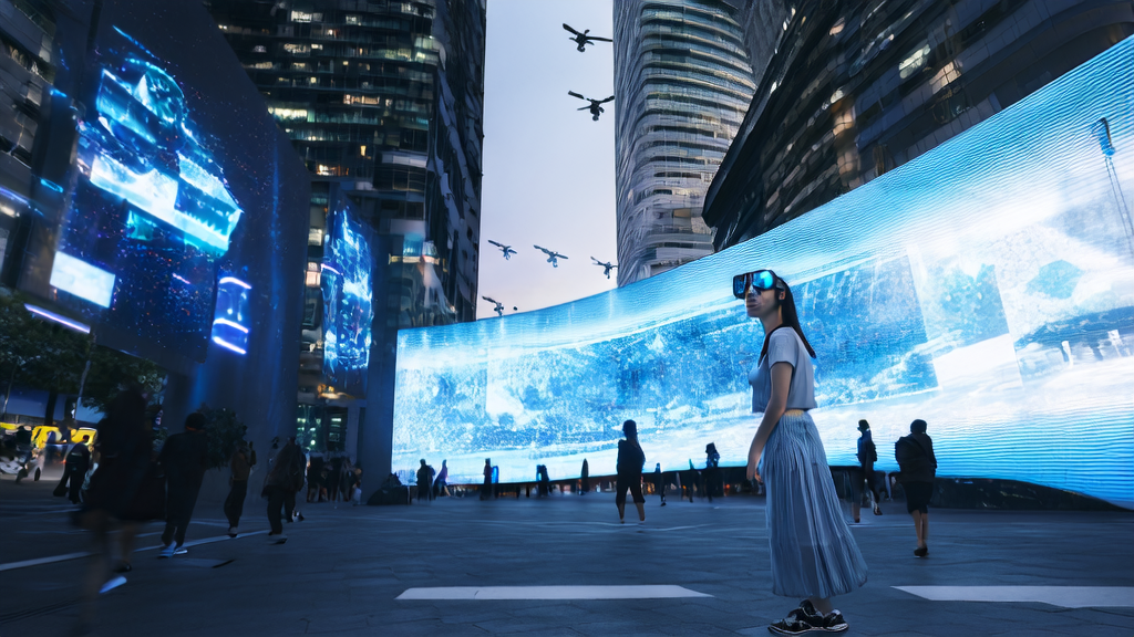 A young woman browsing personalized ads on the street with AI glasses, showcasing the effect of AI-optimized advertising placement.