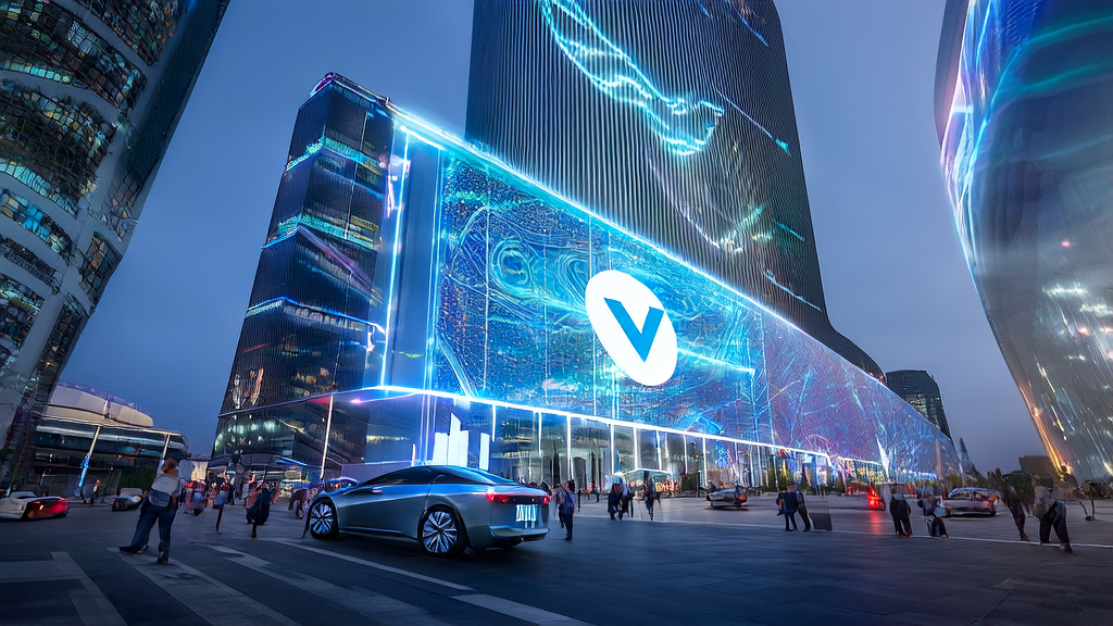 A futuristic city street with a GM car featuring Google Gemini, showcasing AI-optimized advertising