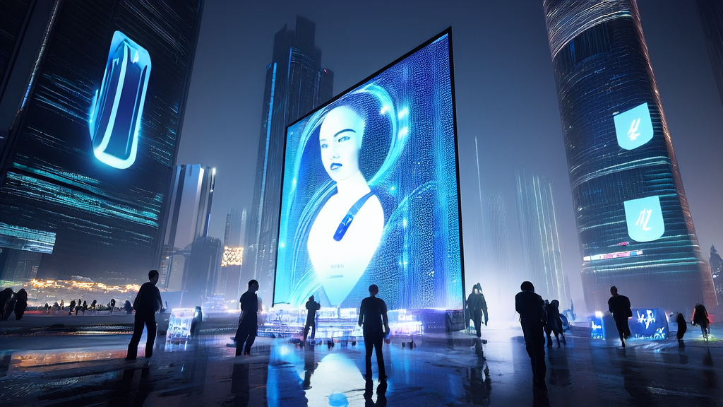 AI-optimized advertising screen in a futuristic city precisely reaching target audience and reducing CPA