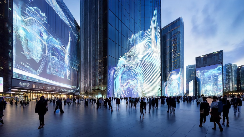 未来城市的智能广告屏，展示AI优化广告投放，精准触达目标人群并降低CPA