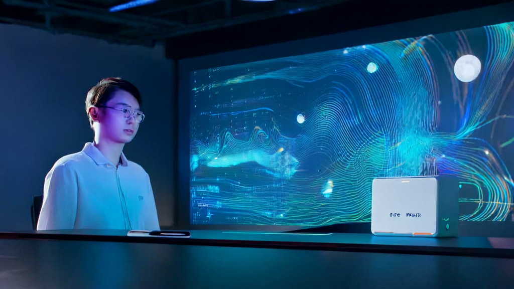 AI-optimized advertising: A futuristic office scene targeting audience and lowering CPA