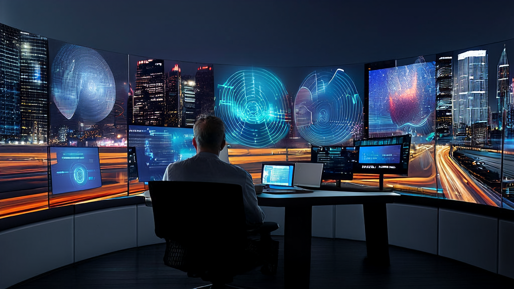 数据分析师在现代化办公室中使用AI技术优化广告投放,通过谷歌视频编辑平台Vids的新功能提高广告效果。