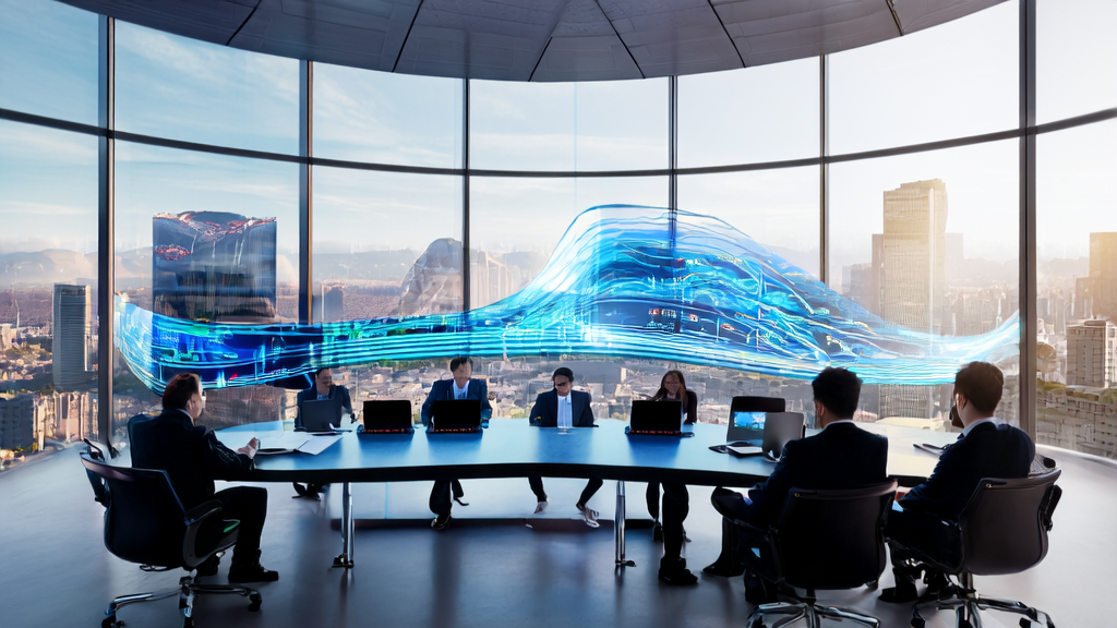 In a modern office, analysts use AI technology to optimize advertising campaigns, monitoring real-time data charts with the city skyline in the background.