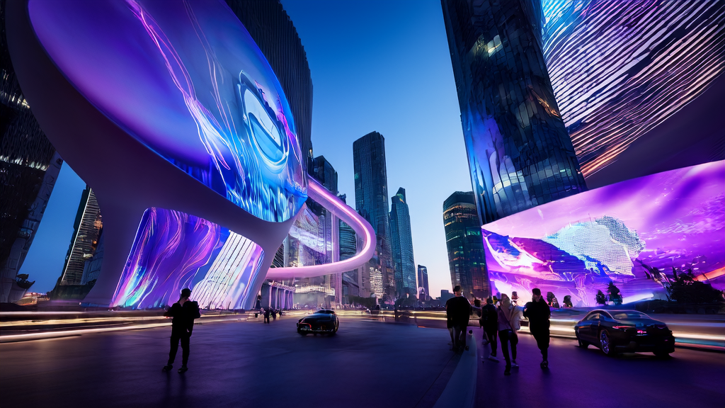 未来城市的数字广告牌展示了AI优化广告投放的应用，行人被精准广告吸引。