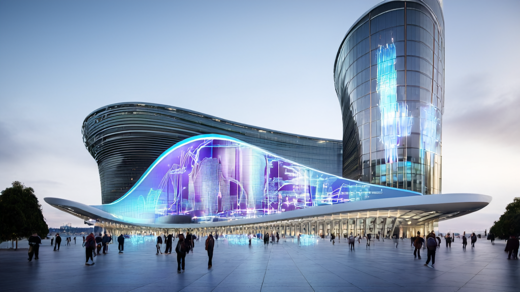 A futuristic cityscape showcasing AI-optimized advertising, highlighting the principles and practices of targeted advertising using AI technology